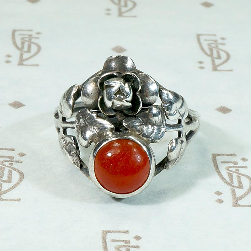 Red Carnelian & Silver Roses Vintage Ring