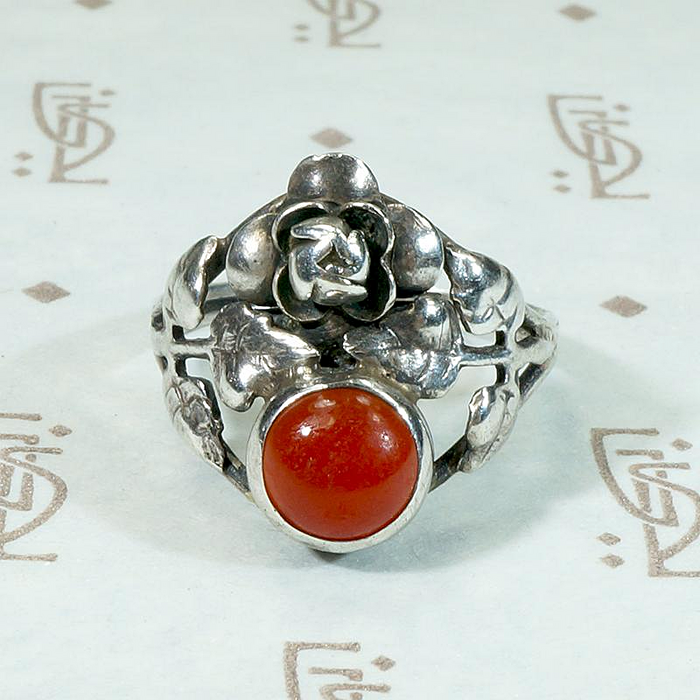 Red Carnelian & Silver Roses Vintage Ring
