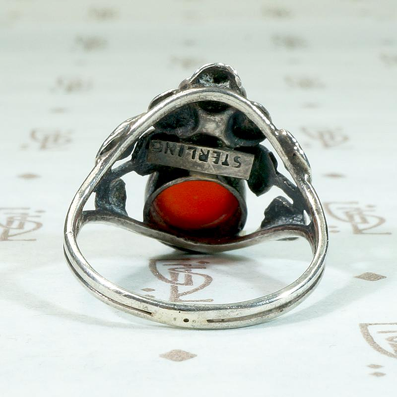 Red Carnelian & Silver Roses Vintage Ring