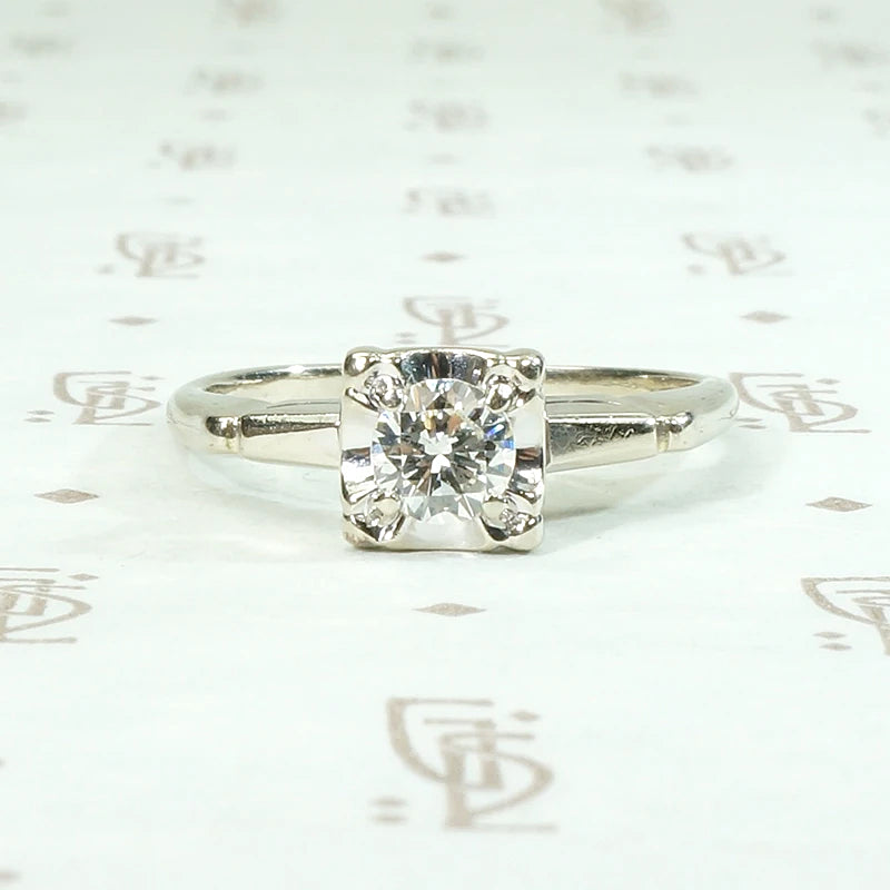 Stylish Retro Diamond Solitaire Ring in White Gold