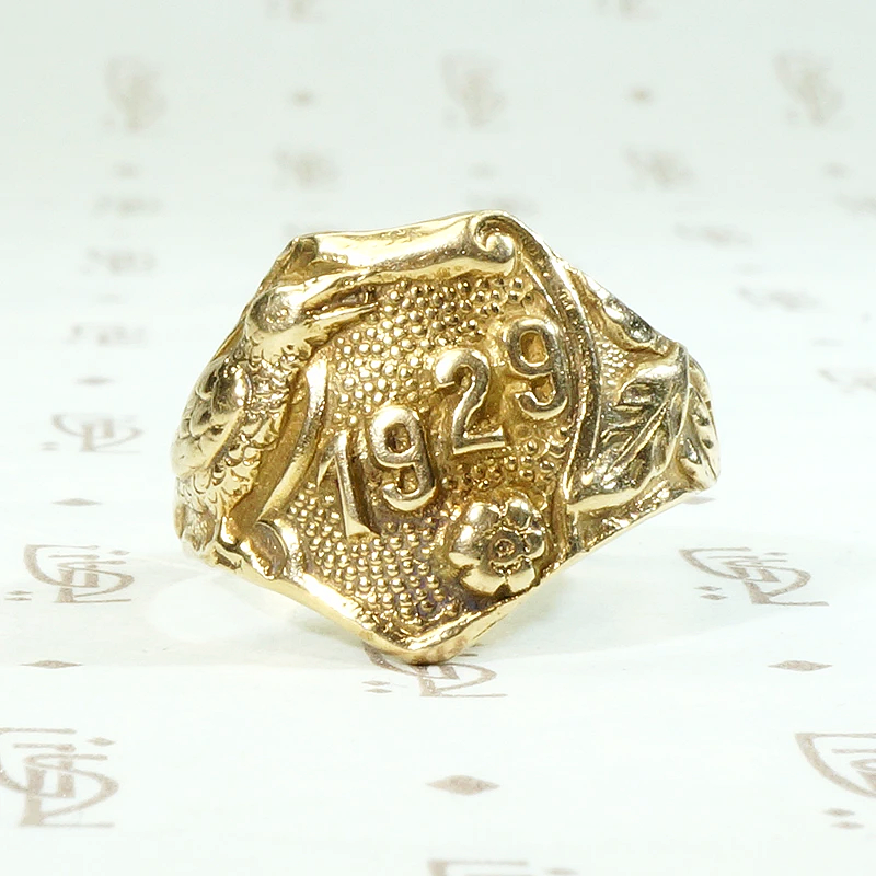 Whimsical "1929" Gold Signet Ring with Bird