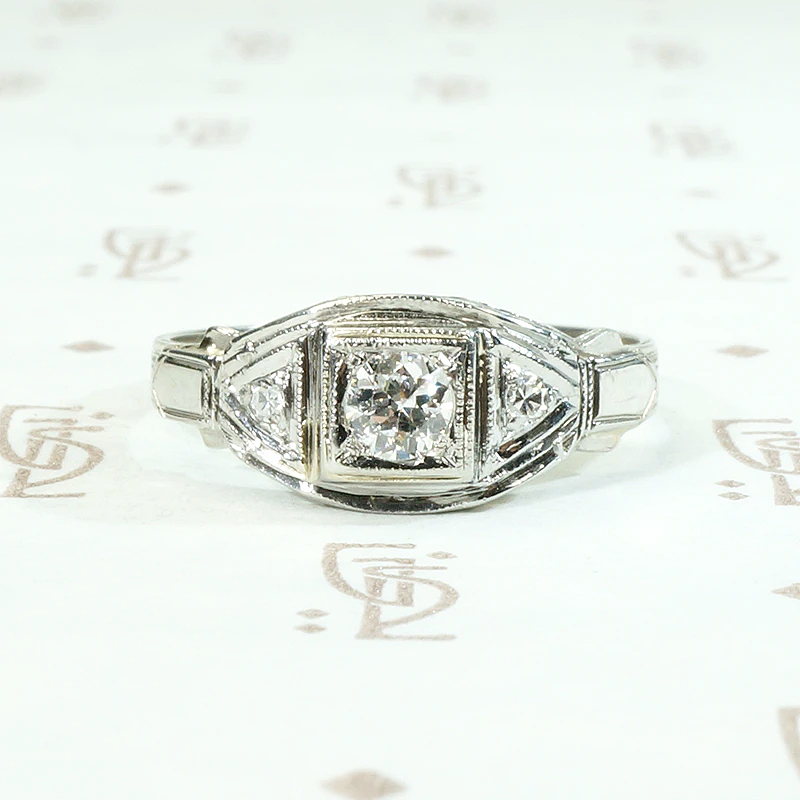 Deco Geometry Engraved Diamond Engagement Ring
