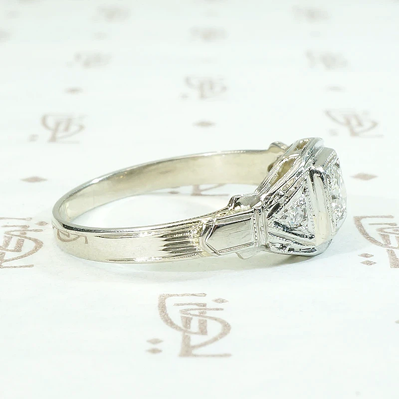 Deco Geometry Engraved Diamond Engagement Ring