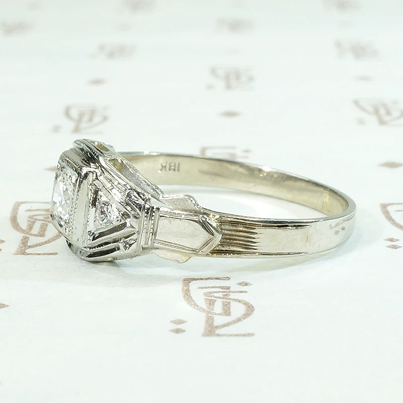 Deco Geometry Engraved Diamond Engagement Ring