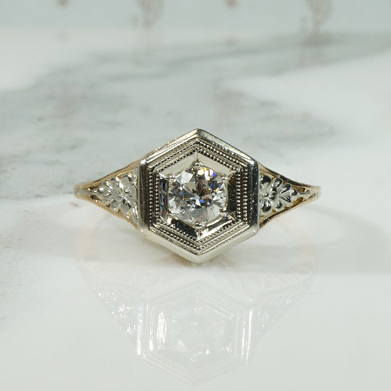 Yellow and White Gold Filigree Deco Diamond Ring