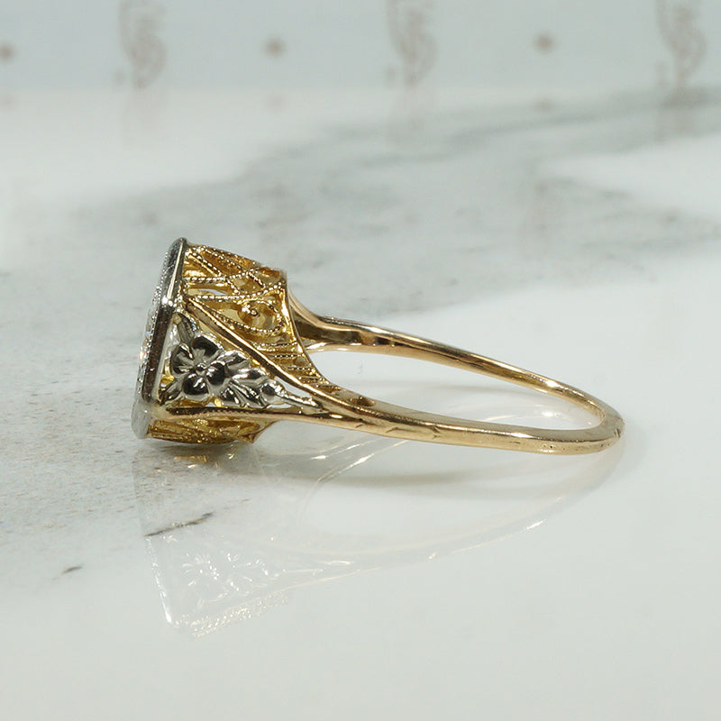 Yellow and White Gold Filigree Deco Diamond Ring