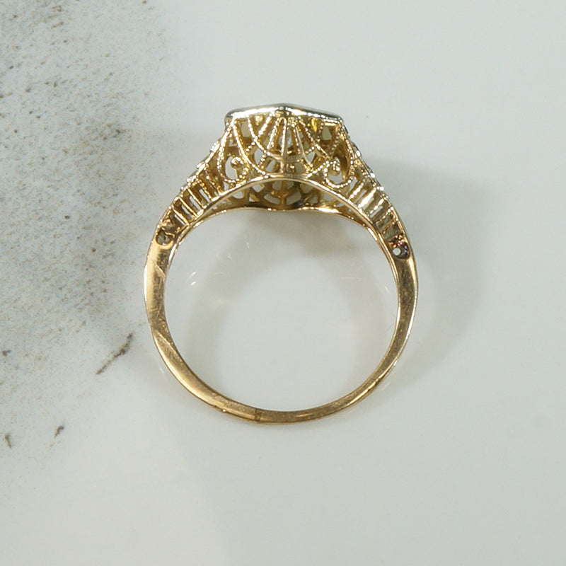 Yellow and White Gold Filigree Deco Diamond Ring