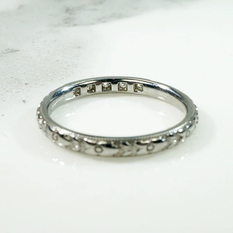 Five Diamond Engraved 18k White Gold Band