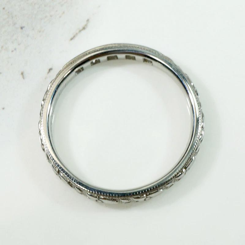 Five Diamond Engraved 18k White Gold Band