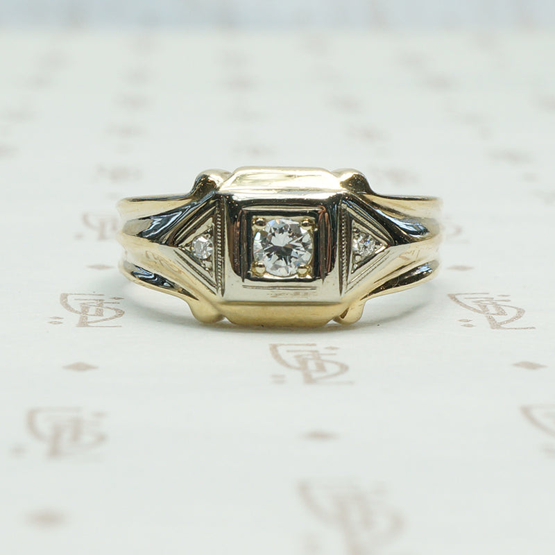 2 tone 14k gold masculine ring set with 3 diamonds