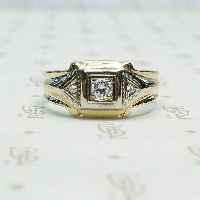 2 tone 14k gold masculine ring set with 3 diamonds