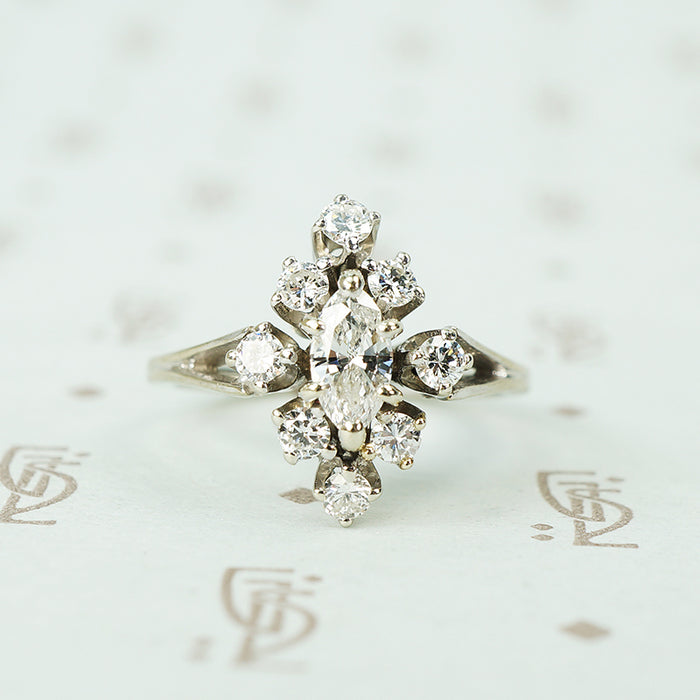 White gold vintage marquise cluster diamond ring