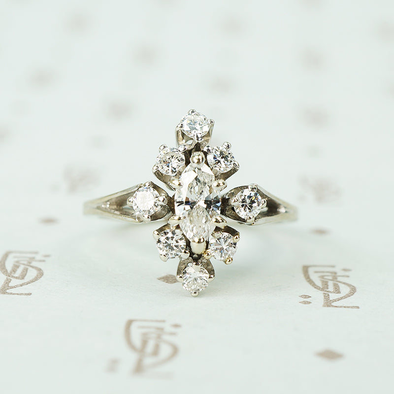 White gold vintage marquise cluster diamond ring