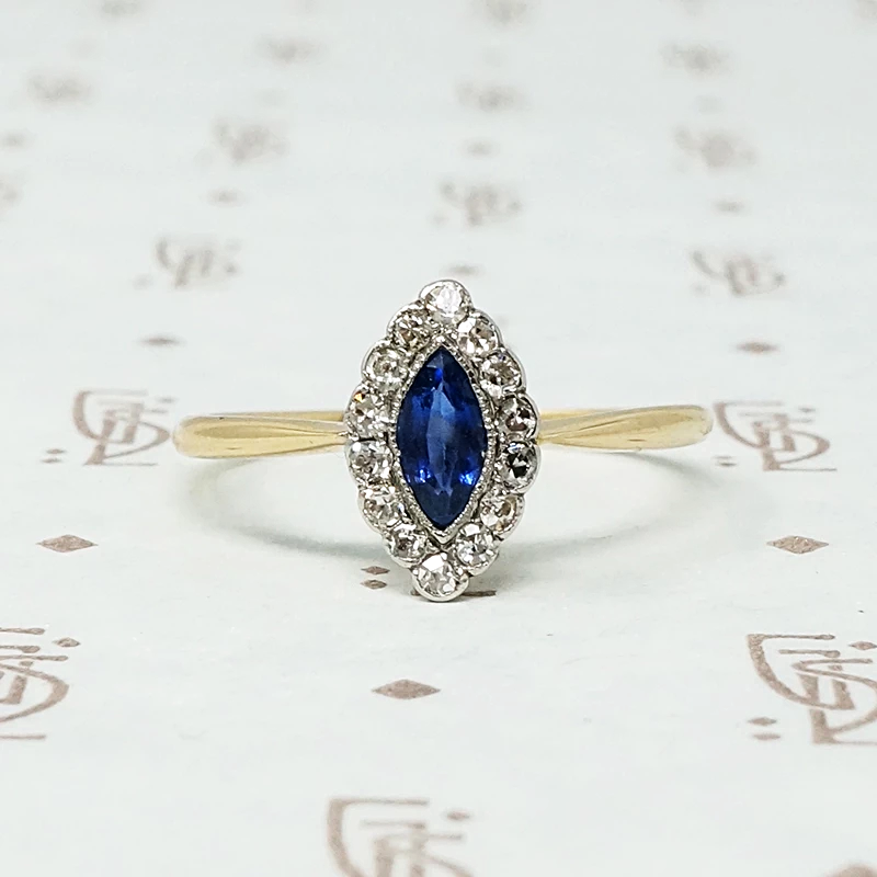 1920s Marquis Cut Sapphire Diamond Halo Ring