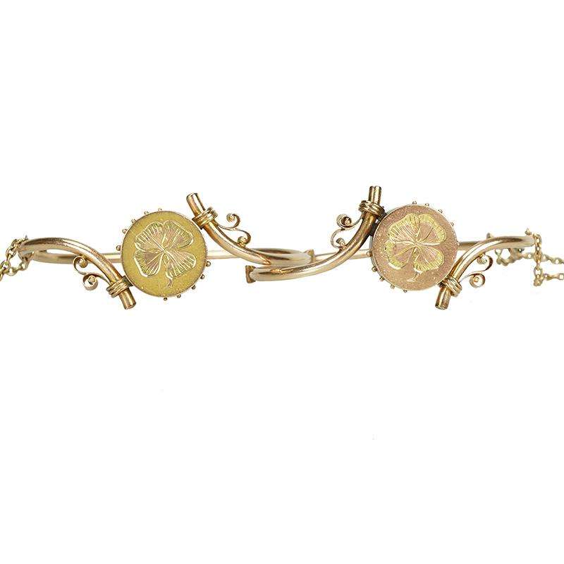Matched Pair of Victorian Bracelets with Four Leaf Clover Motif - Gem Set Love