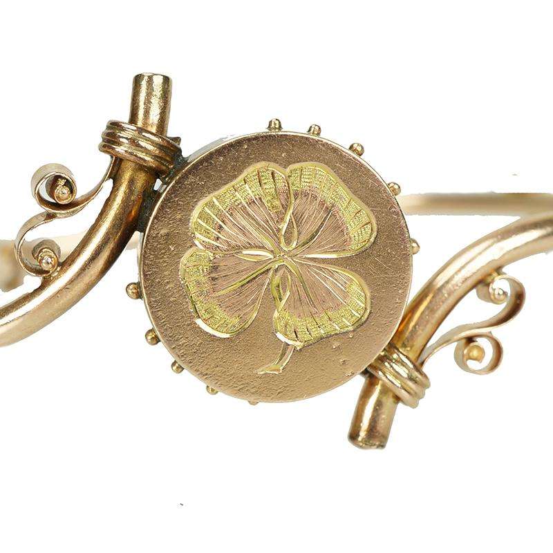 Matched Pair of Victorian Bracelets with Four Leaf Clover Motif - Gem Set Love