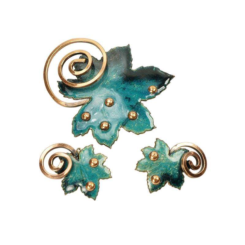 Vintage Matisse Teal Enamel Leaf Pin and Earring set