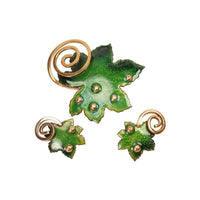 Bright Green Enameled Pin and Earring Set