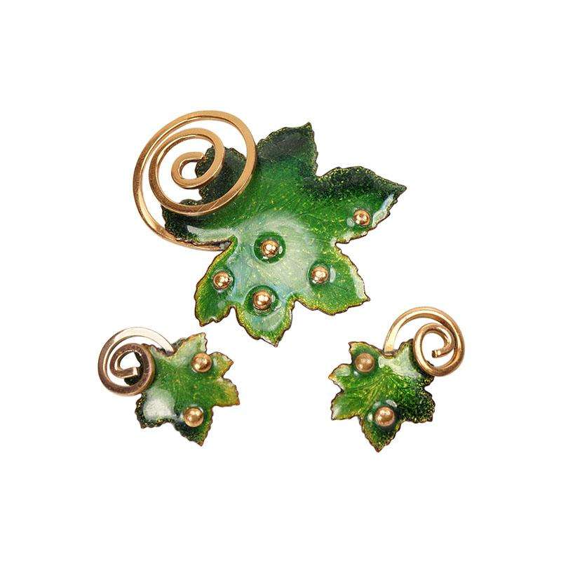 Bright Green Enameled Pin and Earring Set