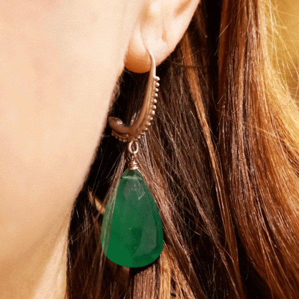 The Mughal Earring by Brunet with Faceted Green Chrysoprase Drops