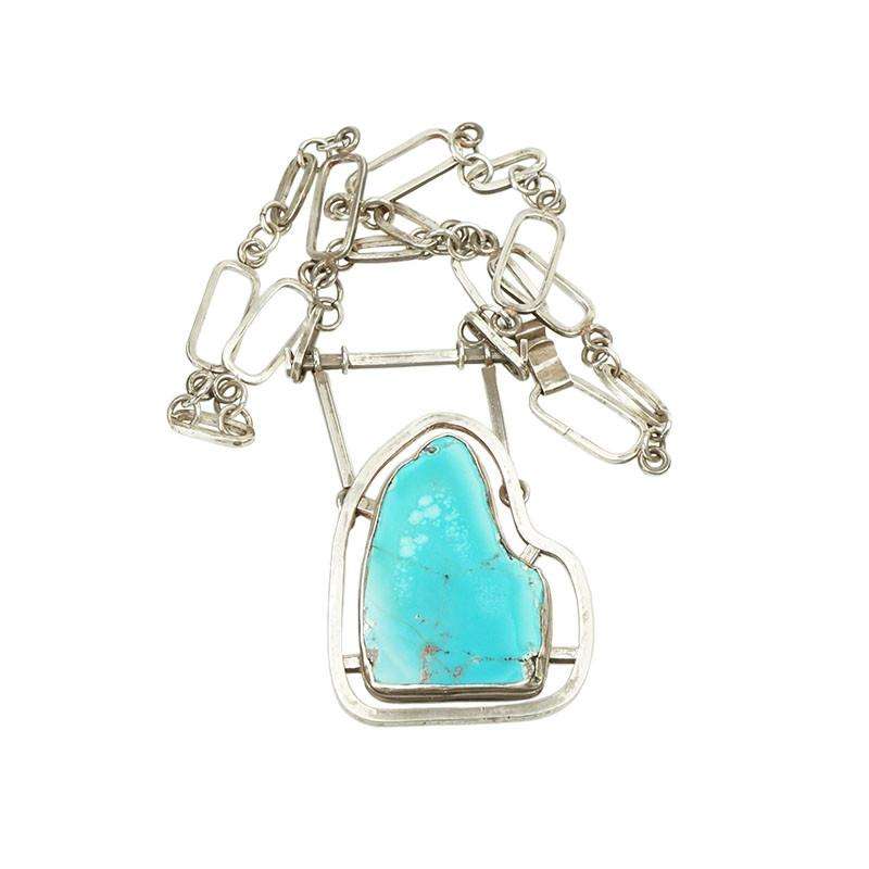 Modernist Silver Necklace set with huge Turquoise