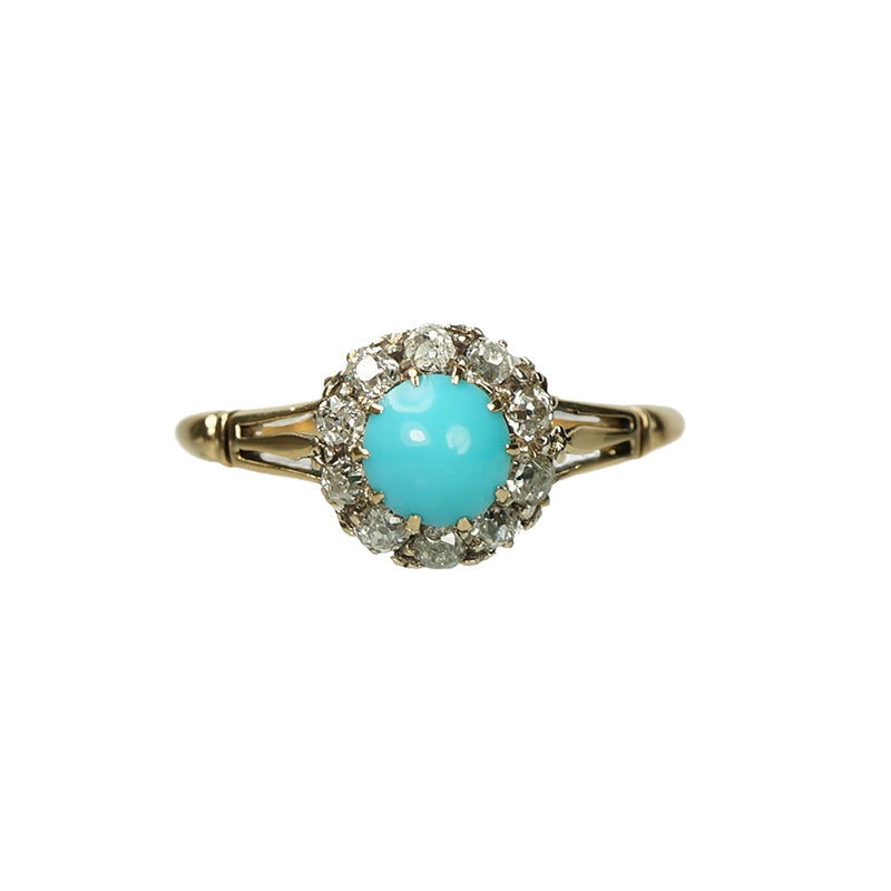 Old Mine Cut Diamonds and Turquoise Blue Ring
