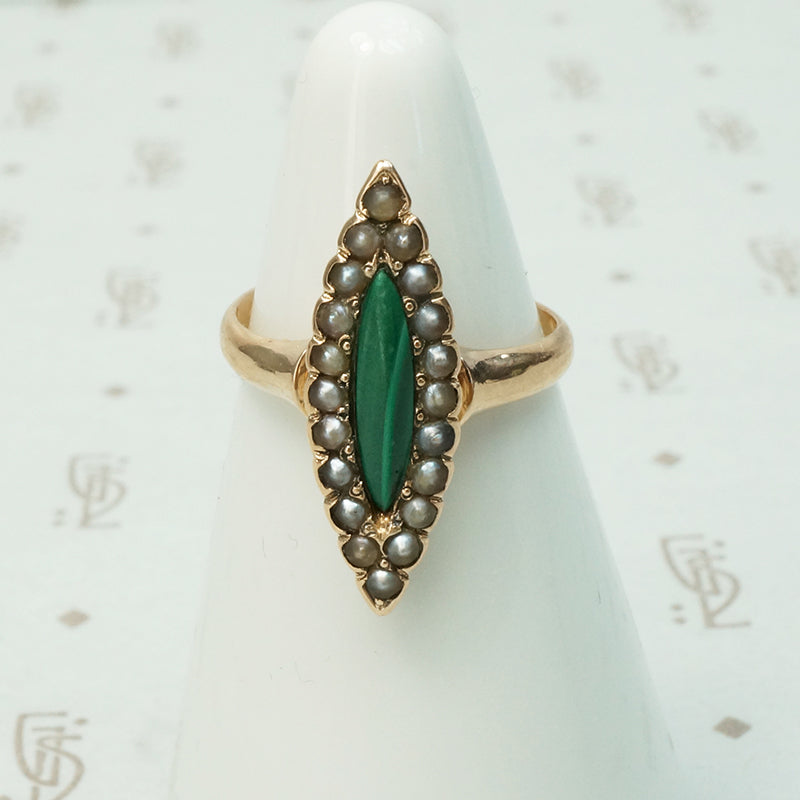 9k malachite and pearl navette shaped ring rosey gold
