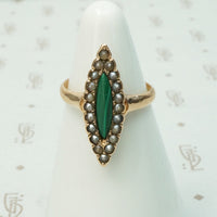 9k malachite and pearl navette shaped ring rosey gold