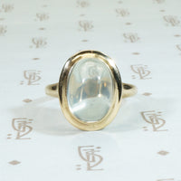 Gorgeous big cabochon moonstone ring in mellow 14k yellow gold