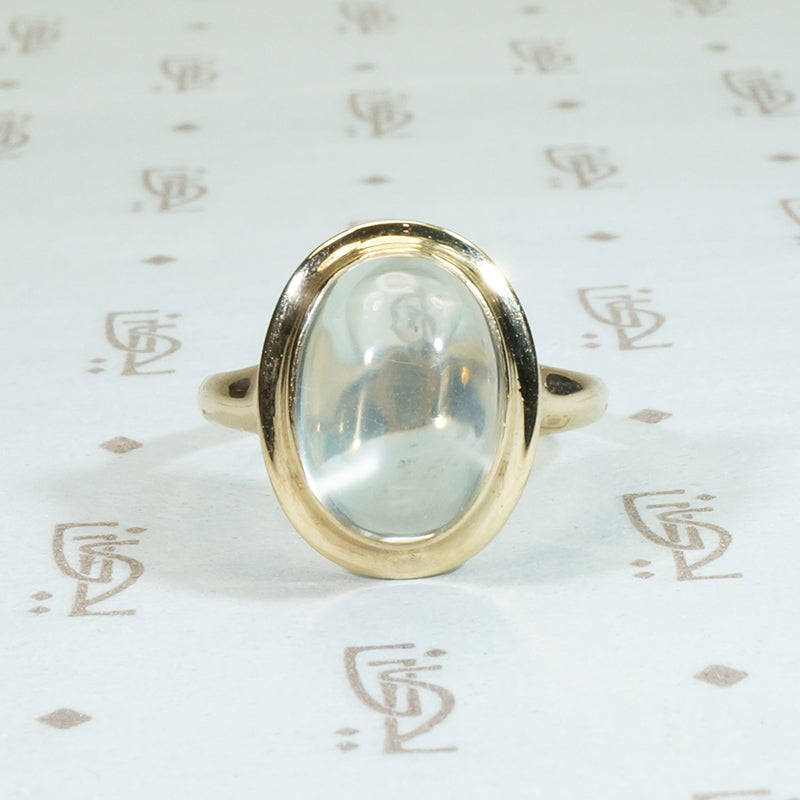 Gorgeous big cabochon moonstone ring in mellow 14k yellow gold