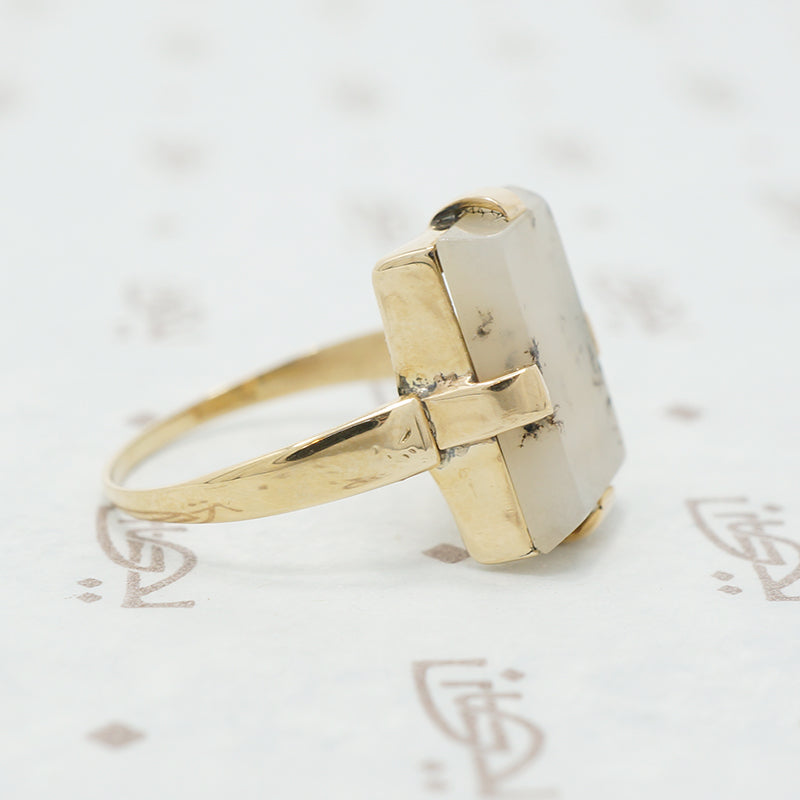 gold moss agate ring side view