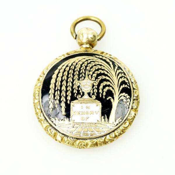 Victorian Enameled Mourning Pocket Watch Locket with Fancy Hair arrangement