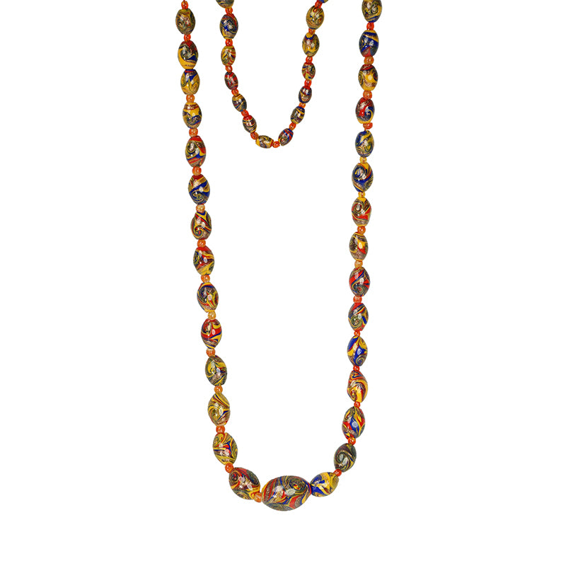 Beautiful Long Antique Venetian Glass Bead Necklace - Gem Set Love