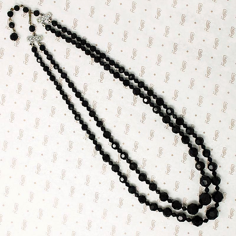Two Strand Graduated Black Glass Bead Necklace
