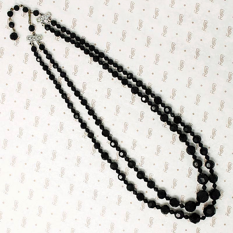 Two Strand Graduated Black Glass Bead Necklace