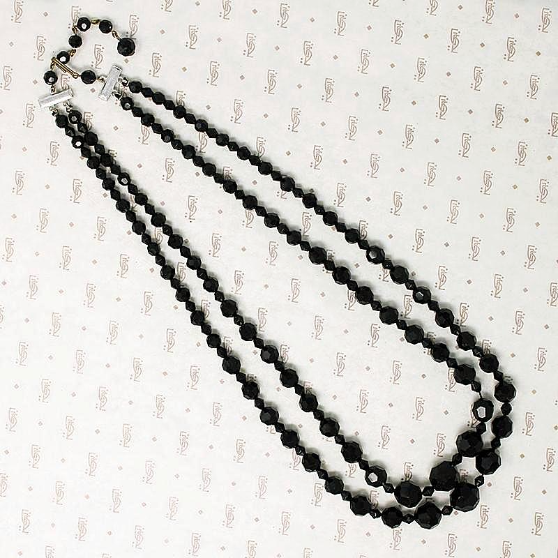 Two Strand Graduated Black Glass Bead Necklace