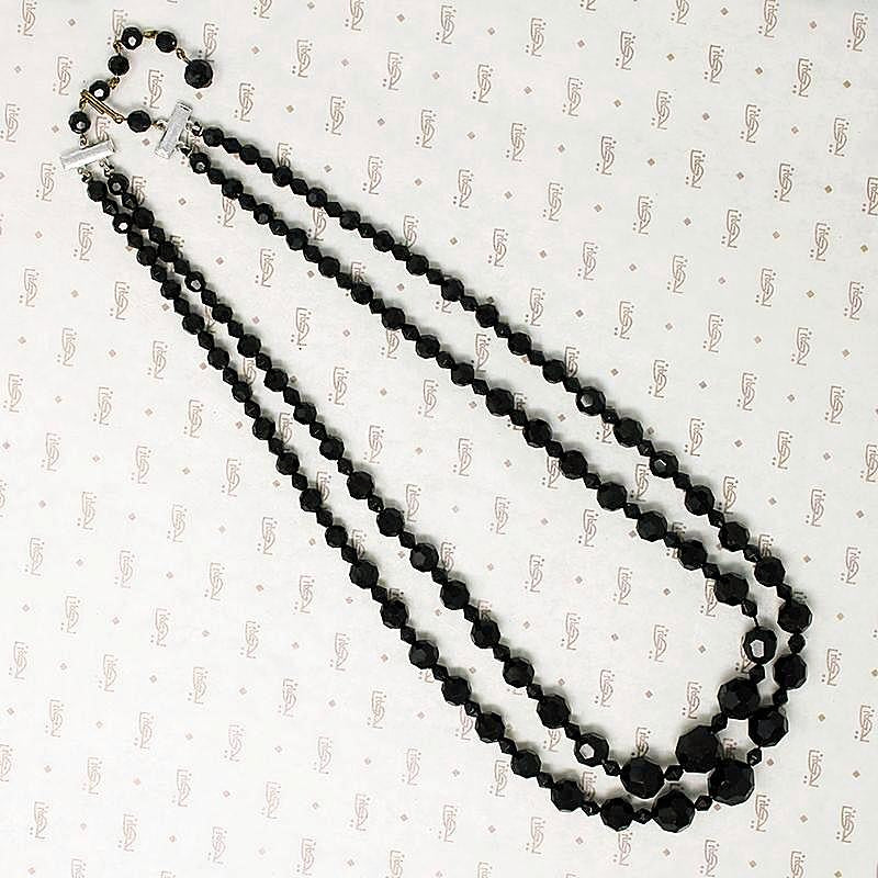 Two Strand Graduated Black Glass Bead Necklace
