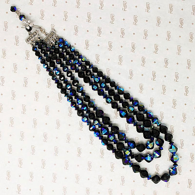 Dynamite Three Strand Black AB Glass Bead Necklace