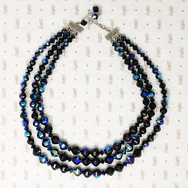 Dynamite Three Strand Black AB Glass Bead Necklace