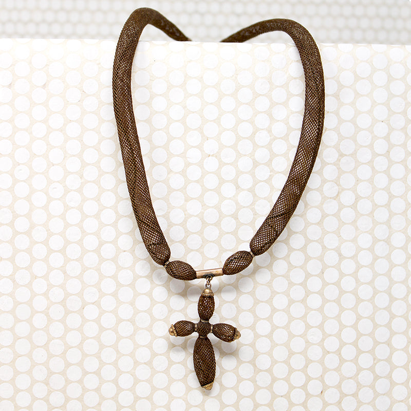 Victorian Woven Hair Necklace with Cross