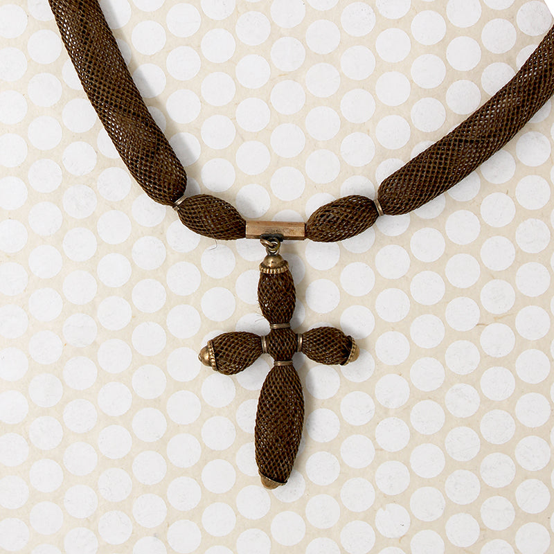 Victorian Woven Hair Necklace with Cross