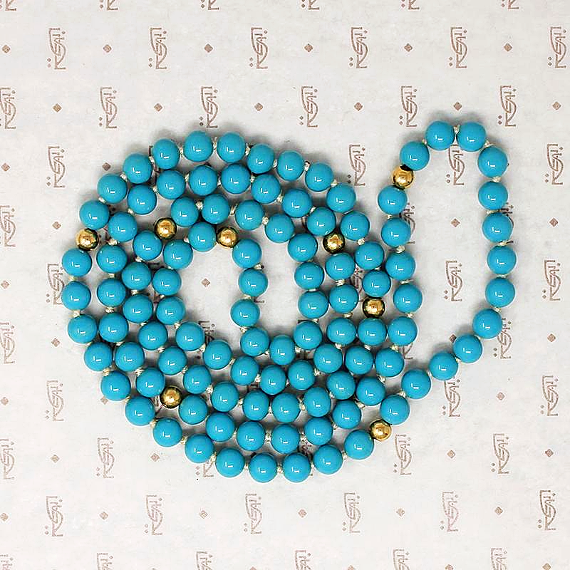 Long Turquoise Glass & Gold Bead Necklace