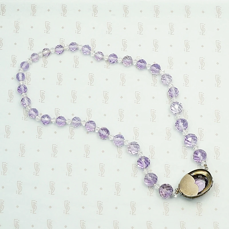 1920s Amethyst Bead Necklace with Decorative Clasp. Back view.