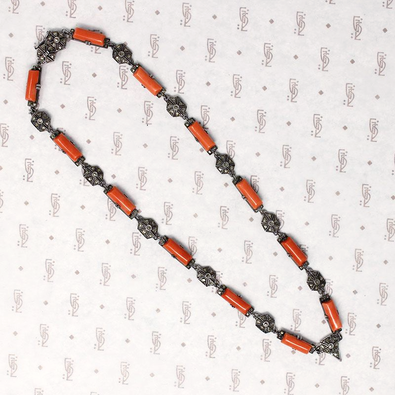 Art Deco Silver Necklace Coral and Marcasite