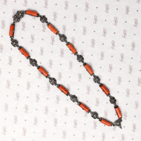 Art Deco Silver Necklace Coral and Marcasite