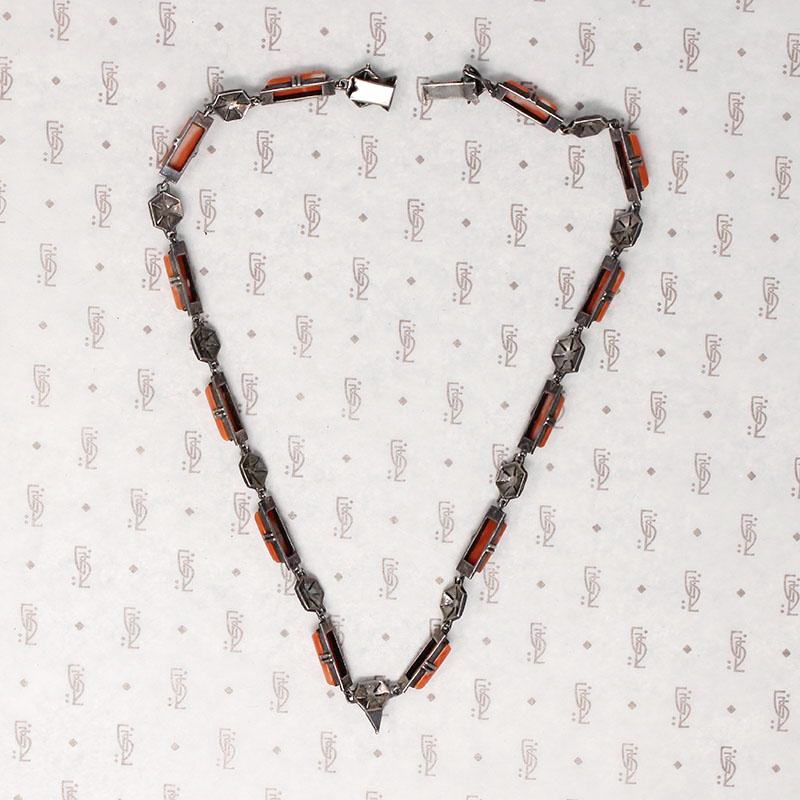 Art Deco Silver Necklace Coral and Marcasite