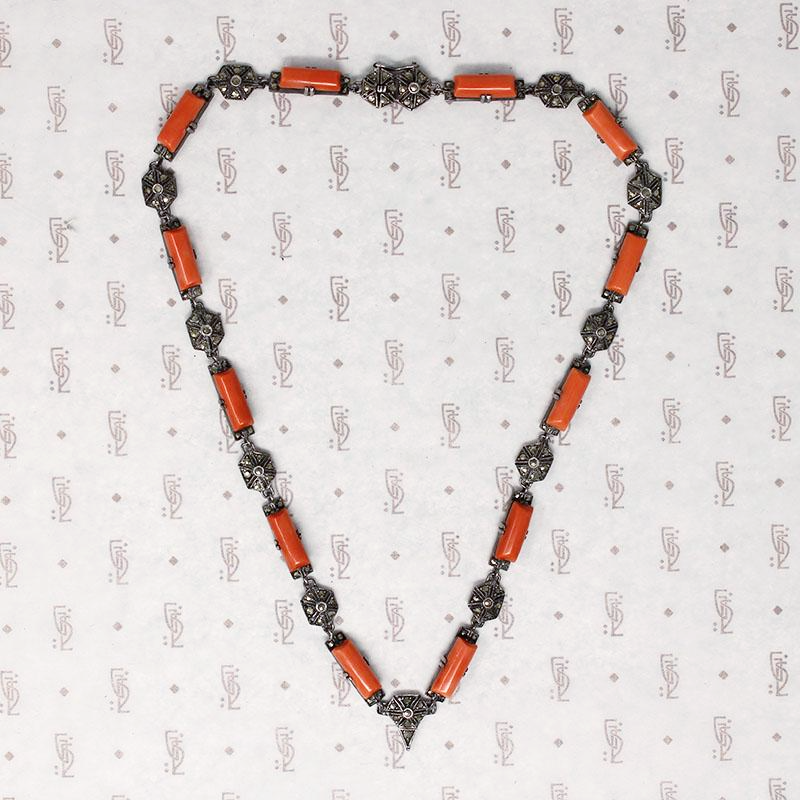 Art Deco Silver Necklace Coral and Marcasite