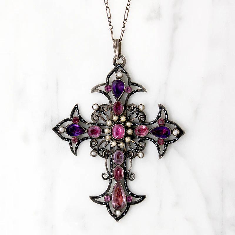 Stunning Beryl, Pearl & Paste French Silver Cross Circa 1830