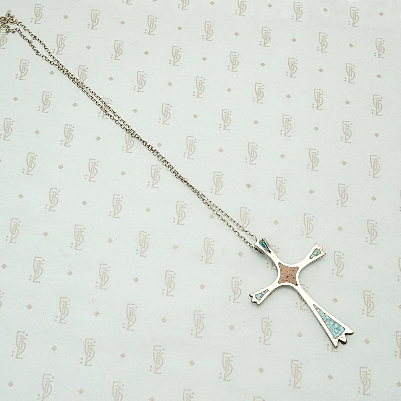 Silver Cross Inlaid with Coral and Turquoise