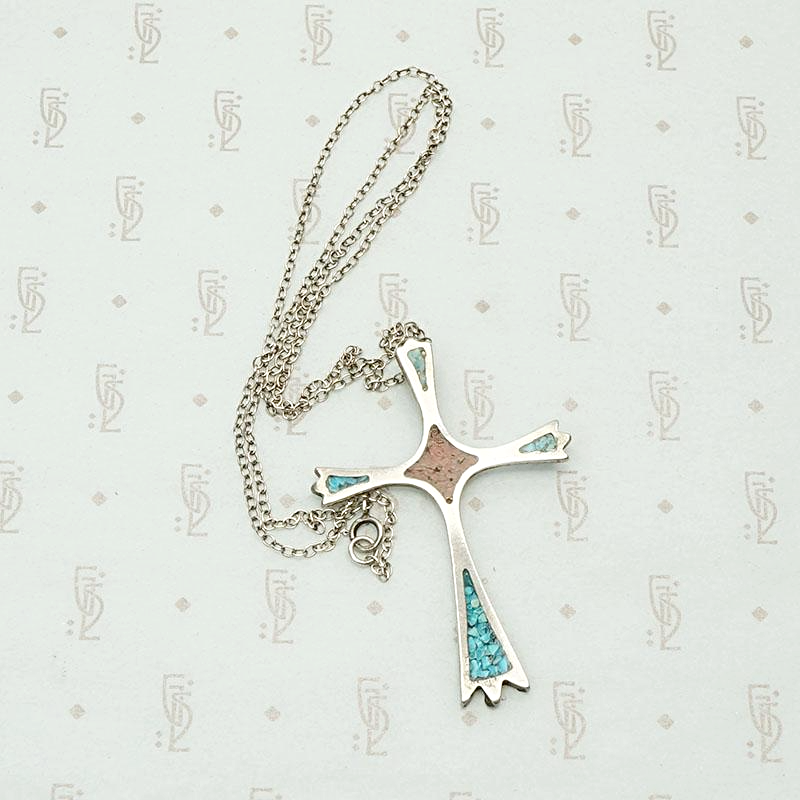 Silver Cross Inlaid with Coral and Turquoise